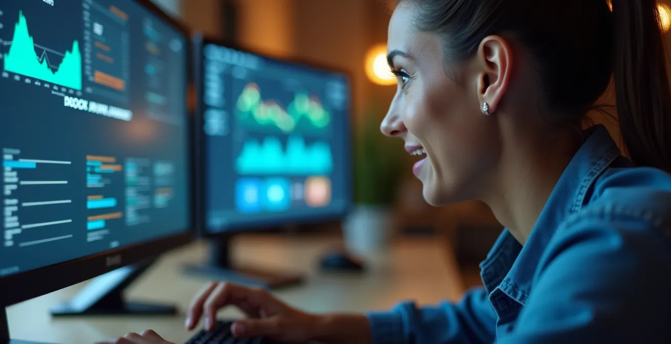 Personne analysant des graphiques de prix et notifications de déstockage sur plusieurs écrans