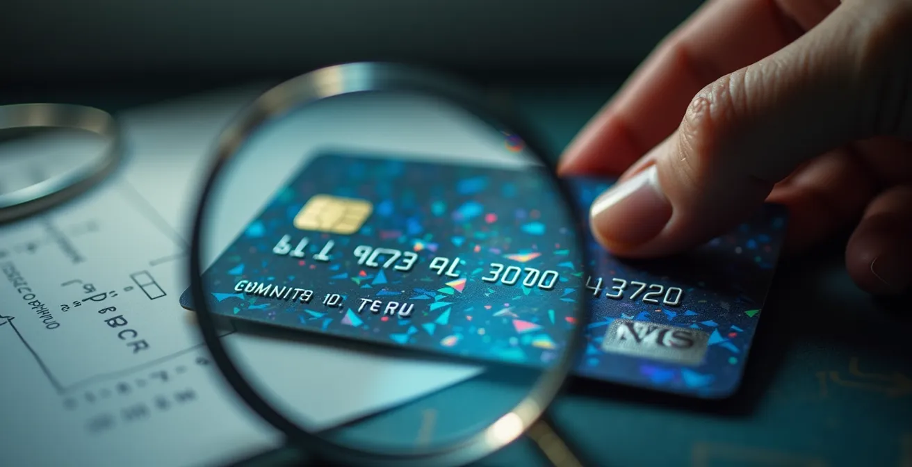 Main tenant une loupe examinant une carte plastique floue avec hologrammes de sécurité visibles