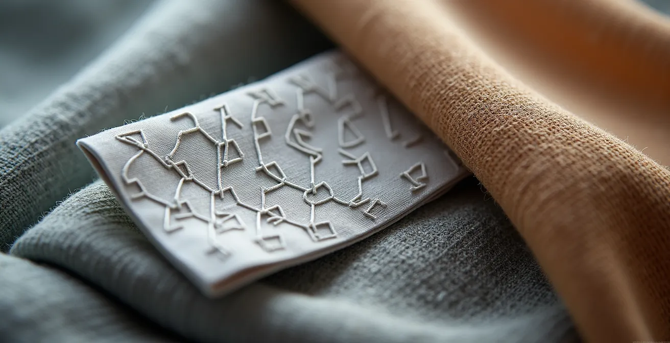 Gros plan macro sur des étiquettes de vêtements avec des symboles géométriques, éclairage naturel révélant les textures