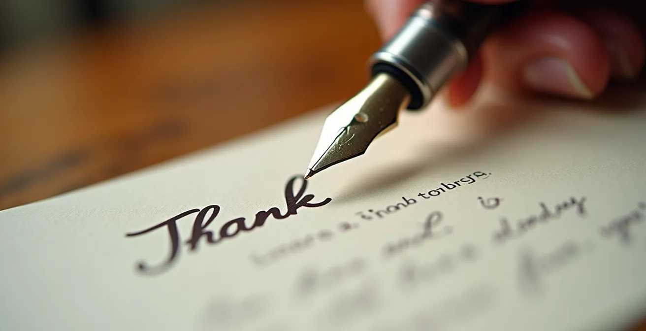 Scène élégante d'écriture d'un message de remerciement manuscrit dans un environnement raffiné