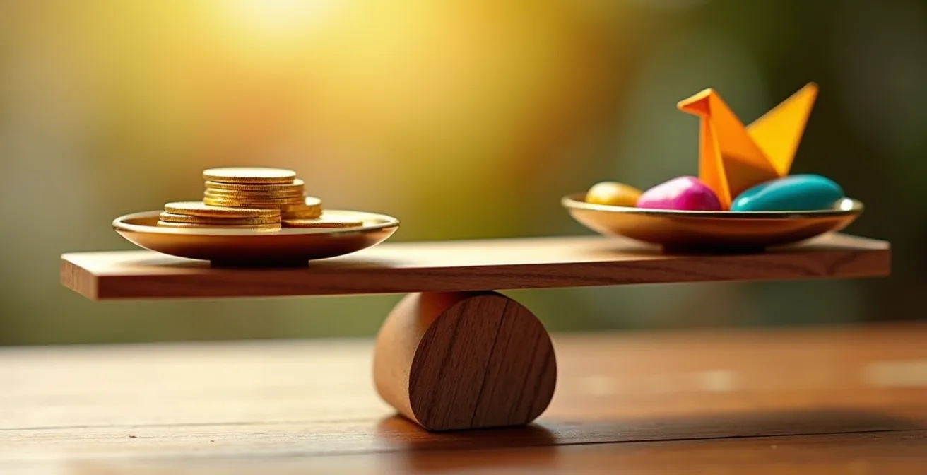 Composition minimaliste illustrant l'équilibre entre épargne et plaisirs de la vie