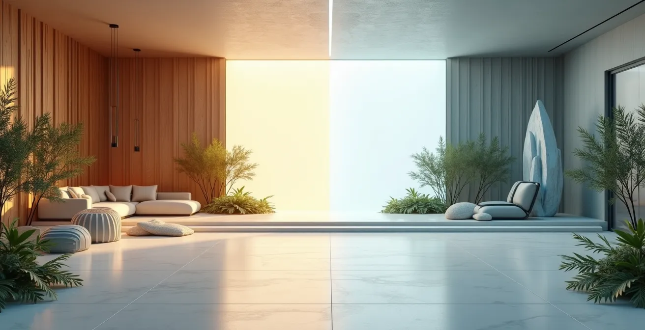 Composition futuriste montrant la transition entre influence humaine et virtuelle sans texte ni interface