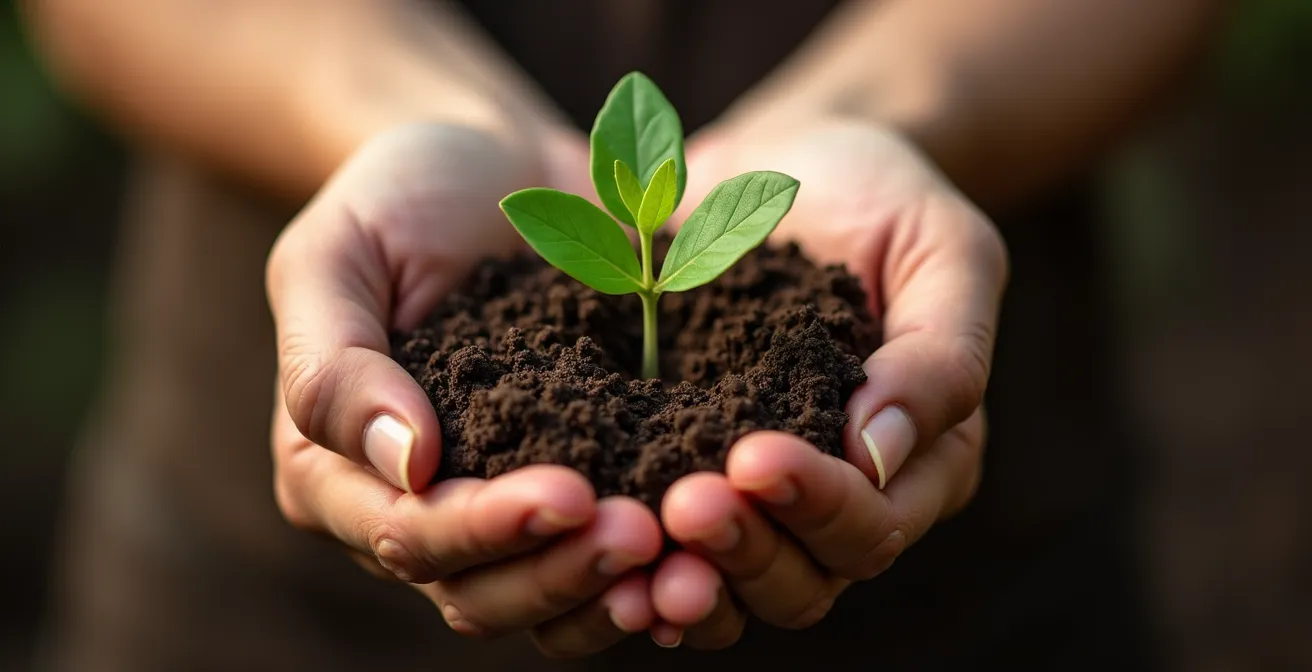 Gros plan sur des mains tenant une jeune plante avec de la terre