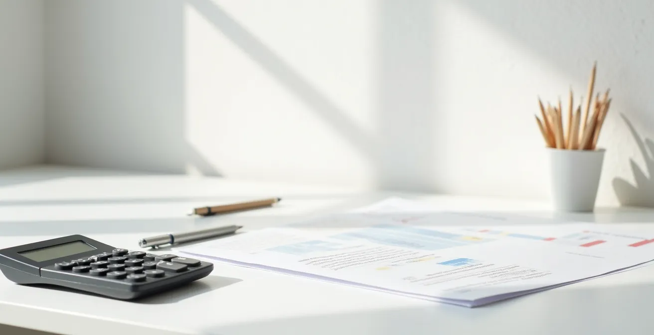 Bureau avec documents financiers floutés, calculatrice et stylo posés sur une table