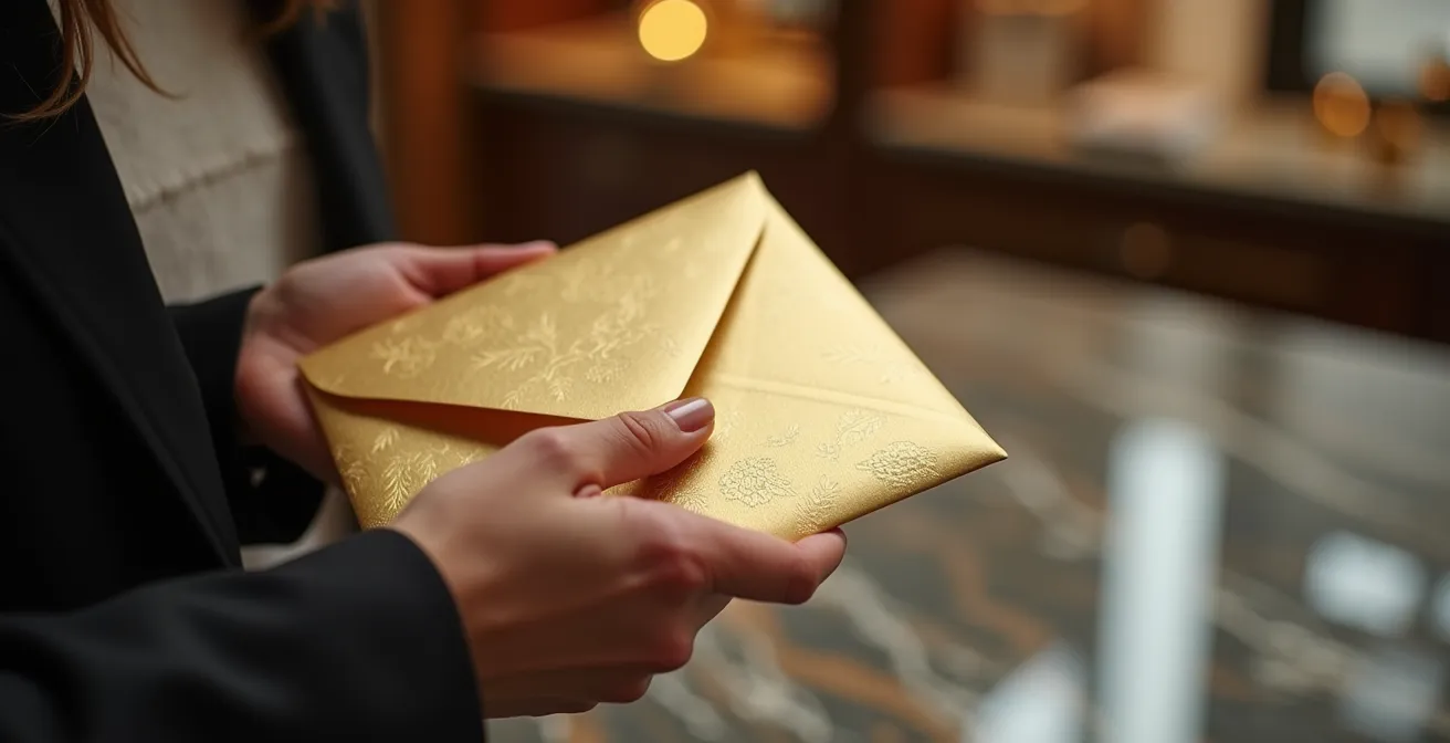 Main tenant une invitation dorée exclusive avec arrière-plan flou d'une boutique de luxe