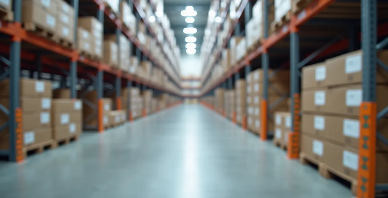 Vue d'entrepôt logistique moderne avec système de stockage décentralisé