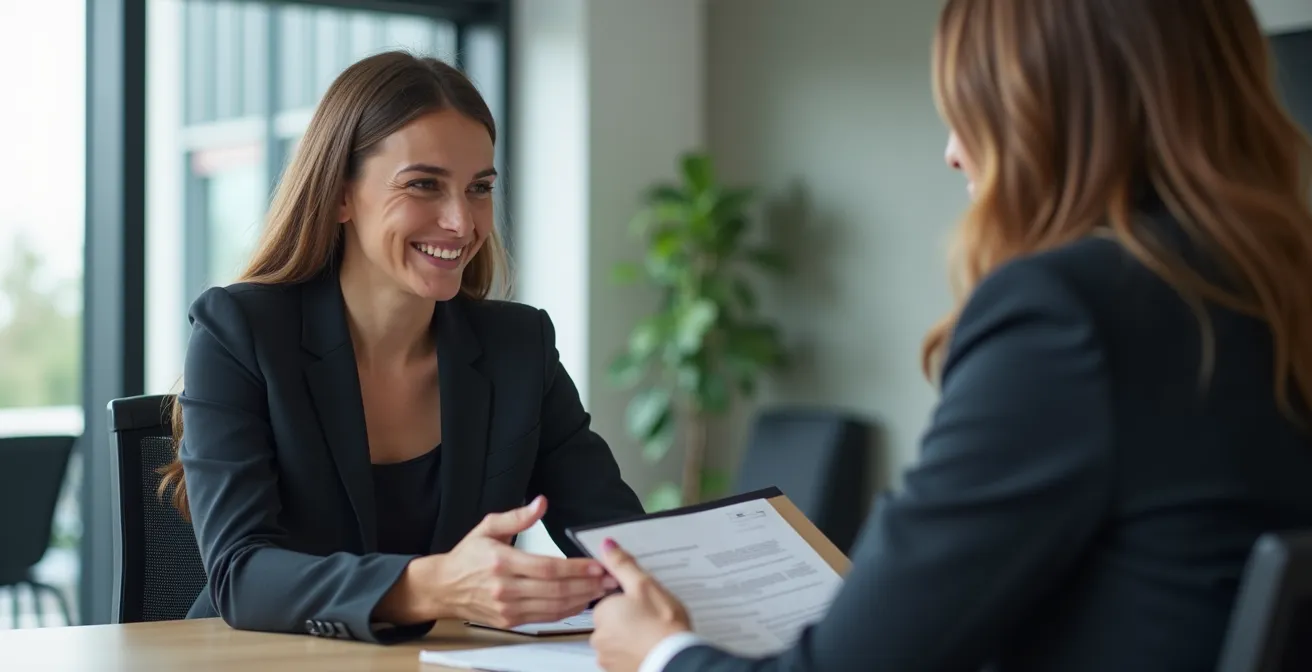 Client et conseiller bancaire en discussion professionnelle dans un bureau moderne