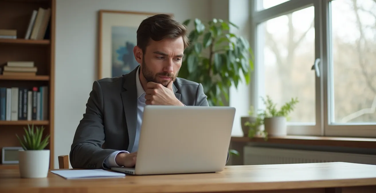 Personne professionnelle composant un message réfléchi sur son ordinateur portable dans un bureau moderne