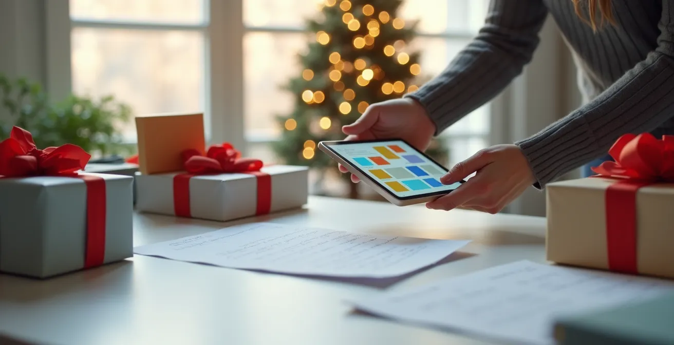 Personne organisant ses achats de Noël sur tablette avec carnets et listes
