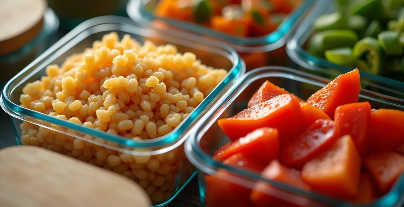 Vue macro de contenants de meal prep organisés avec des ingrédients colorés prêts à assembler