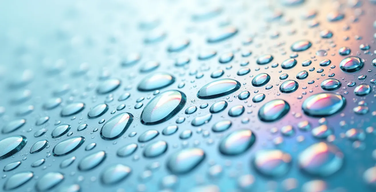 Détail macro de gouttes d'eau sur une surface symbolisant le flux d'informations organisé