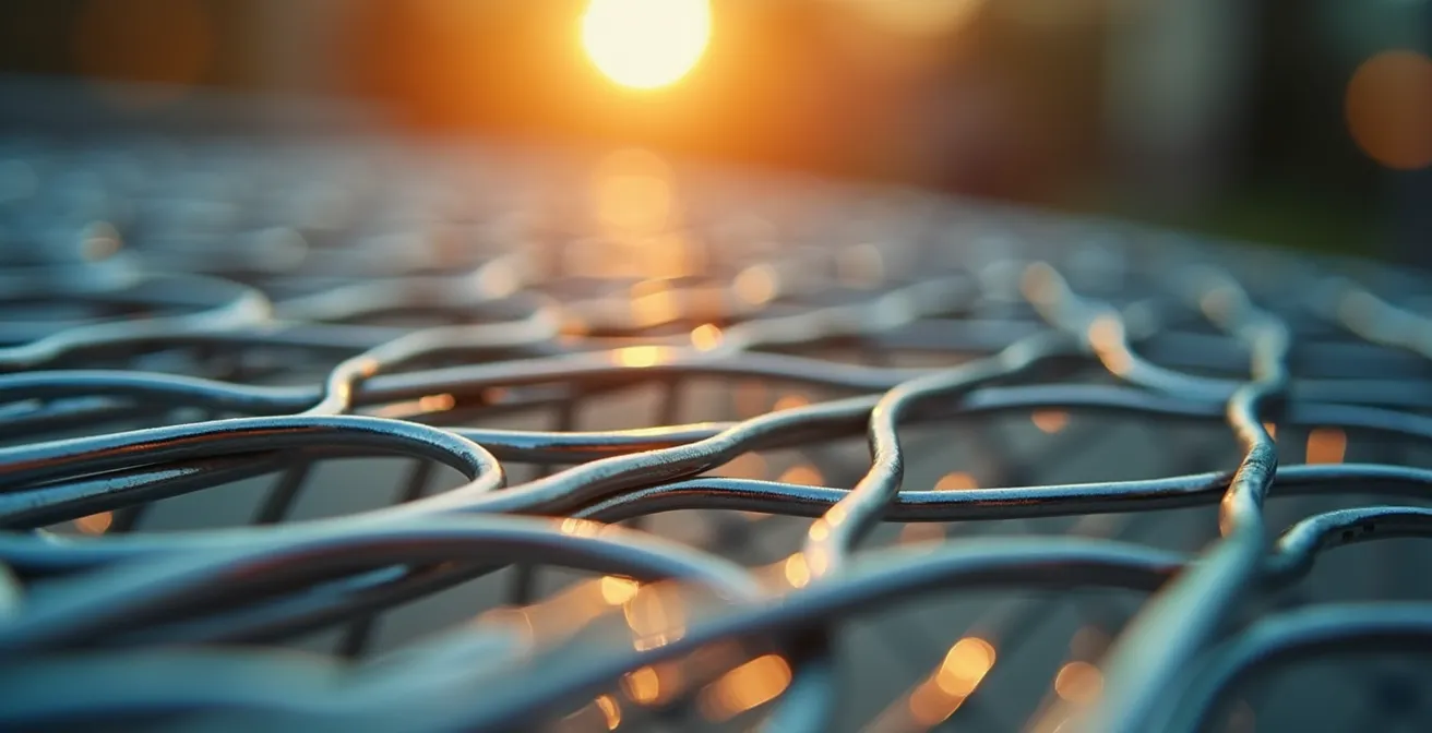 Vue macro d'un panier d'achat métallique avec jeux d'ombres et de lumières créant des motifs abstraits