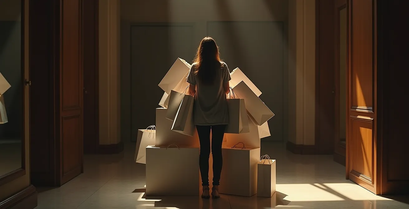 Personne tenant plusieurs sacs de shopping dans un environnement de vente privée