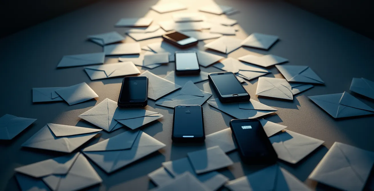 Composition pyramidale abstraite avec smartphones et cartes disposés en couches, éclairage dramatique créant une hiérarchie visuelle