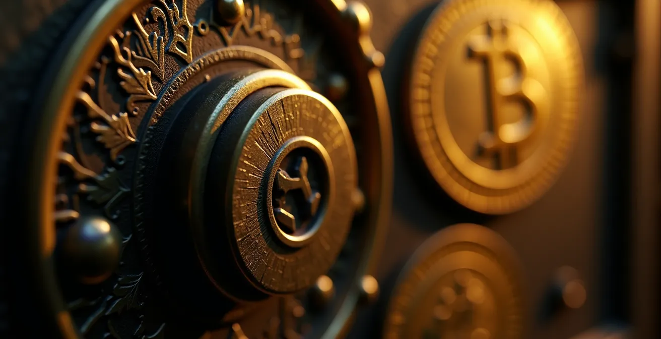 Exploration métaphorique d'un coffre-fort ancien révélant des pièces dorées