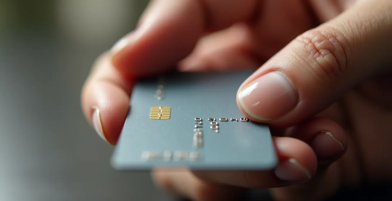 Gros plan sur des mains tenant délicatement une carte de crédit avec une expression contemplative
