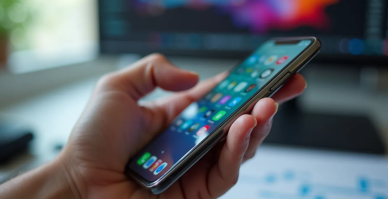 Smartphone tenu dans une main montrant des notifications floues et un agenda numérique aux couleurs vives