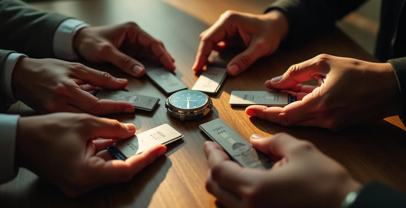 Vue aérienne minimaliste d'objets premium arrangés en cercle avec espace négatif central suggérant l'exclusivité