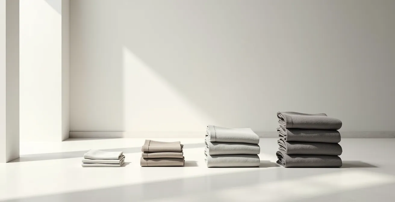 Composition minimaliste de vêtements pliés en dégradé de couleurs avec ombres suggérant différentes phases temporelles