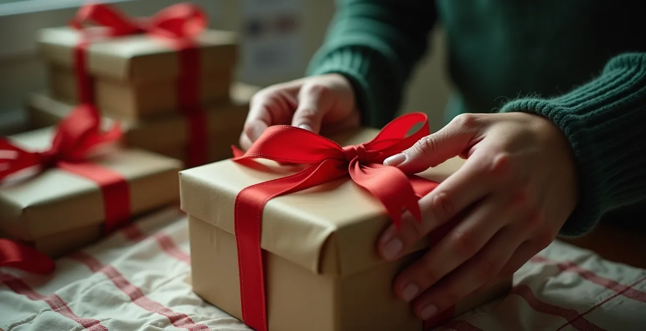 Personne stressée devant des paquets cadeaux et calendrier montrant décembre