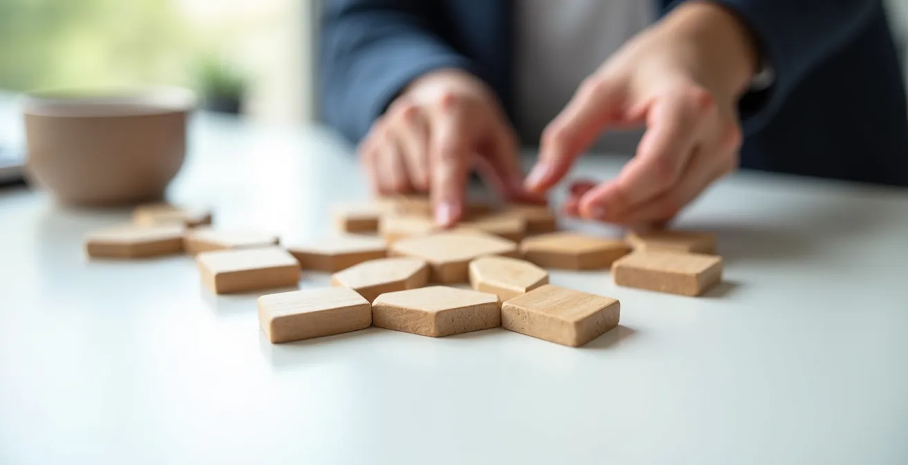 Vue aérienne d'un réseau interconnecté de produits symbolisé par des objets géométriques