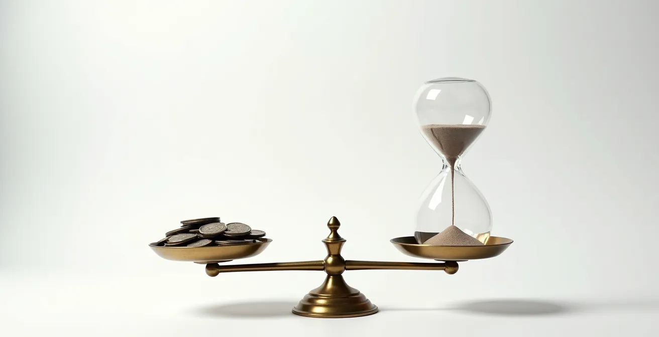 Balance ancienne en laiton avec d'un côté des pièces floues et de l'autre un sablier, dans une ambiance minimaliste