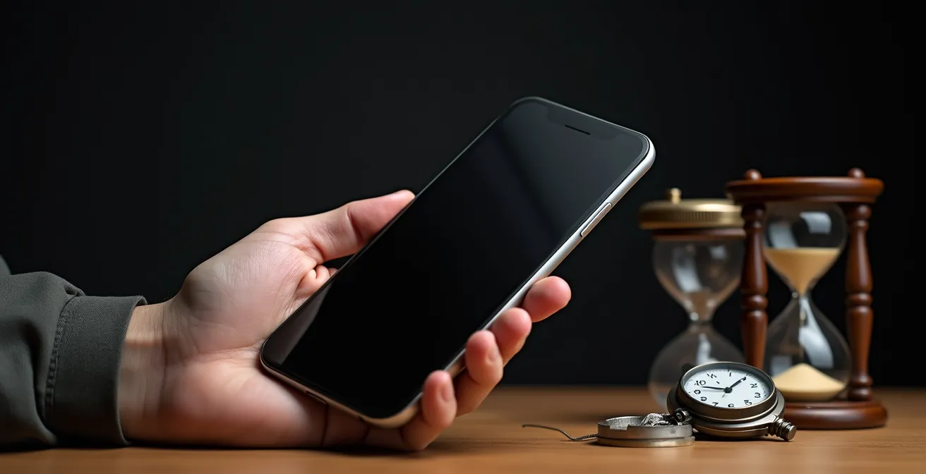 Main tenant un smartphone avec reflet d'horloge dans l'écran éteint, entourée d'objets de mesure du temps