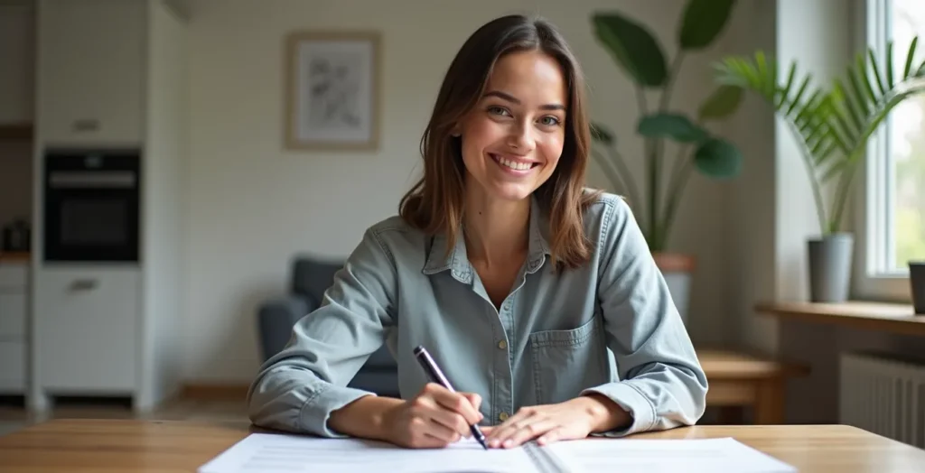 Personne signant des documents bancaires dans un environnement moderne et épuré Personne signant des documents bancaires dans un environnement moderne et épuré
